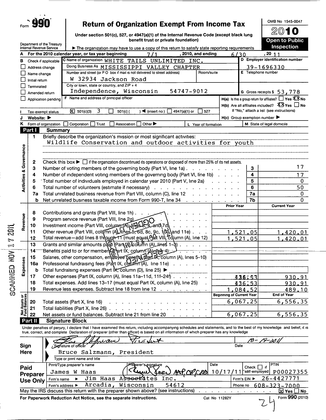 Image of first page of 2010 Form 990 for Whitetails Unlimted Mississippi Valley Chapter