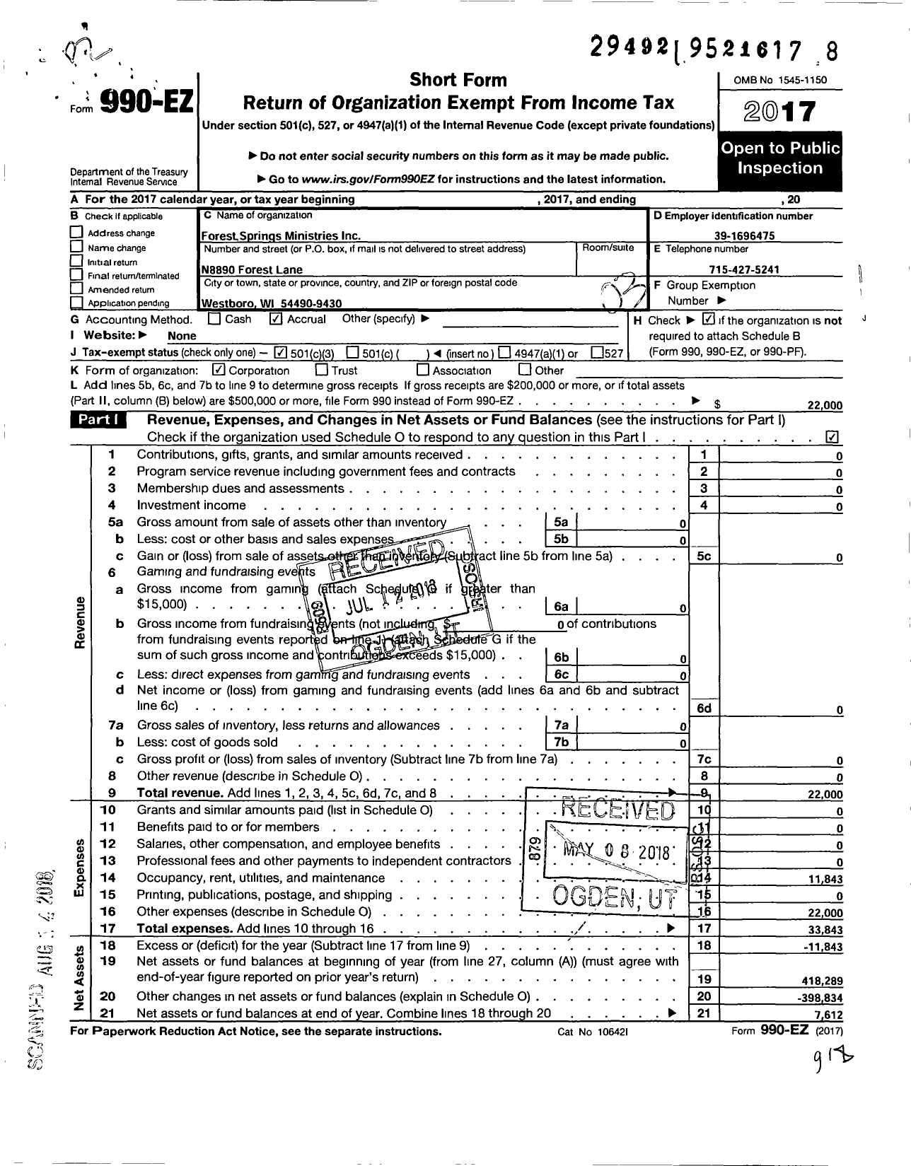 Image of first page of 2017 Form 990EZ for Cedar Bay Camp and Retreat Center