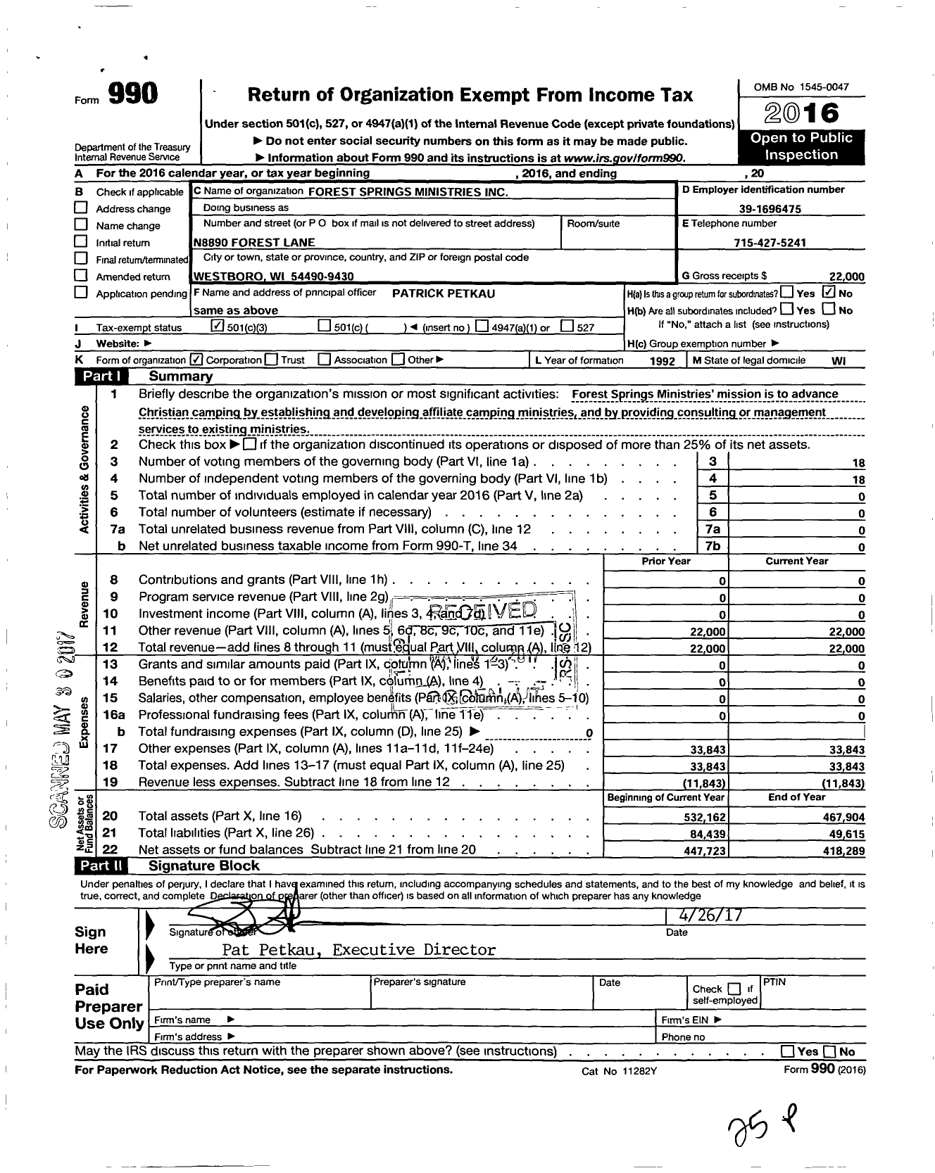 Image of first page of 2016 Form 990 for Cedar Bay Camp and Retreat Center