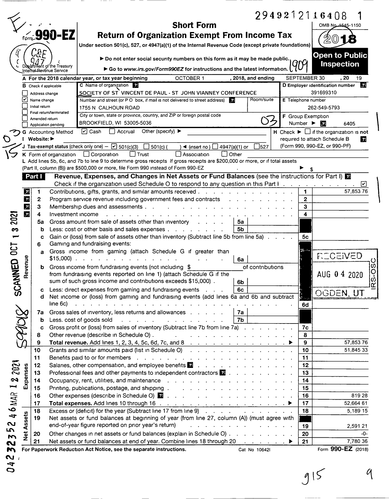 Image of first page of 2018 Form 990EZ for Society of St Vincent de Paul of Waukesha County County St John Vianney