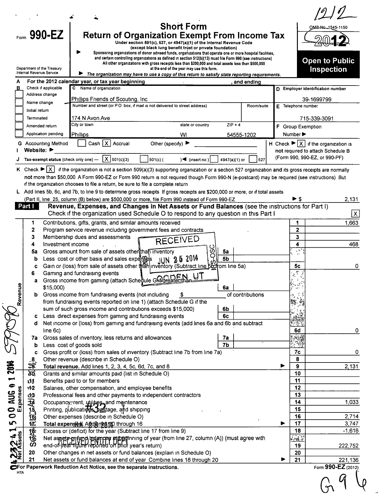 Image of first page of 2012 Form 990EZ for Phillips Friends of Scouting