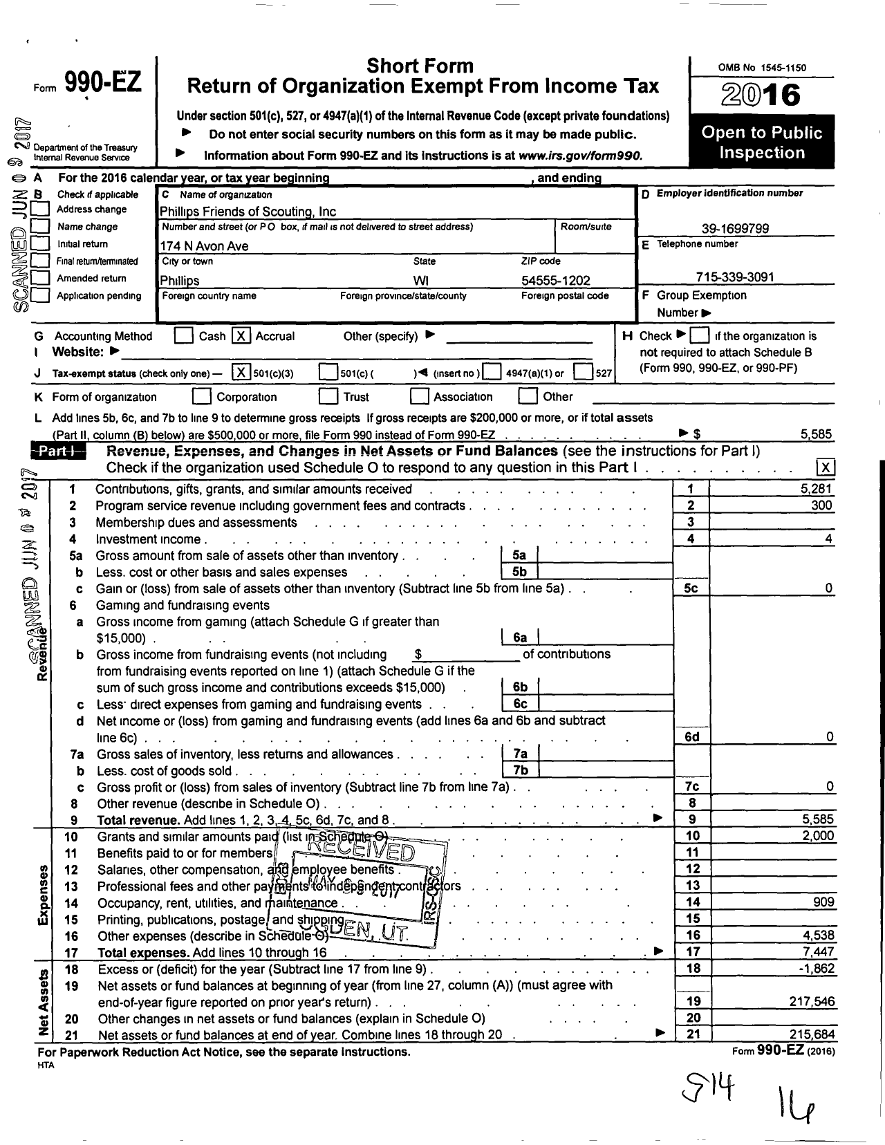 Image of first page of 2016 Form 990EZ for Phillips Friends of Scouting