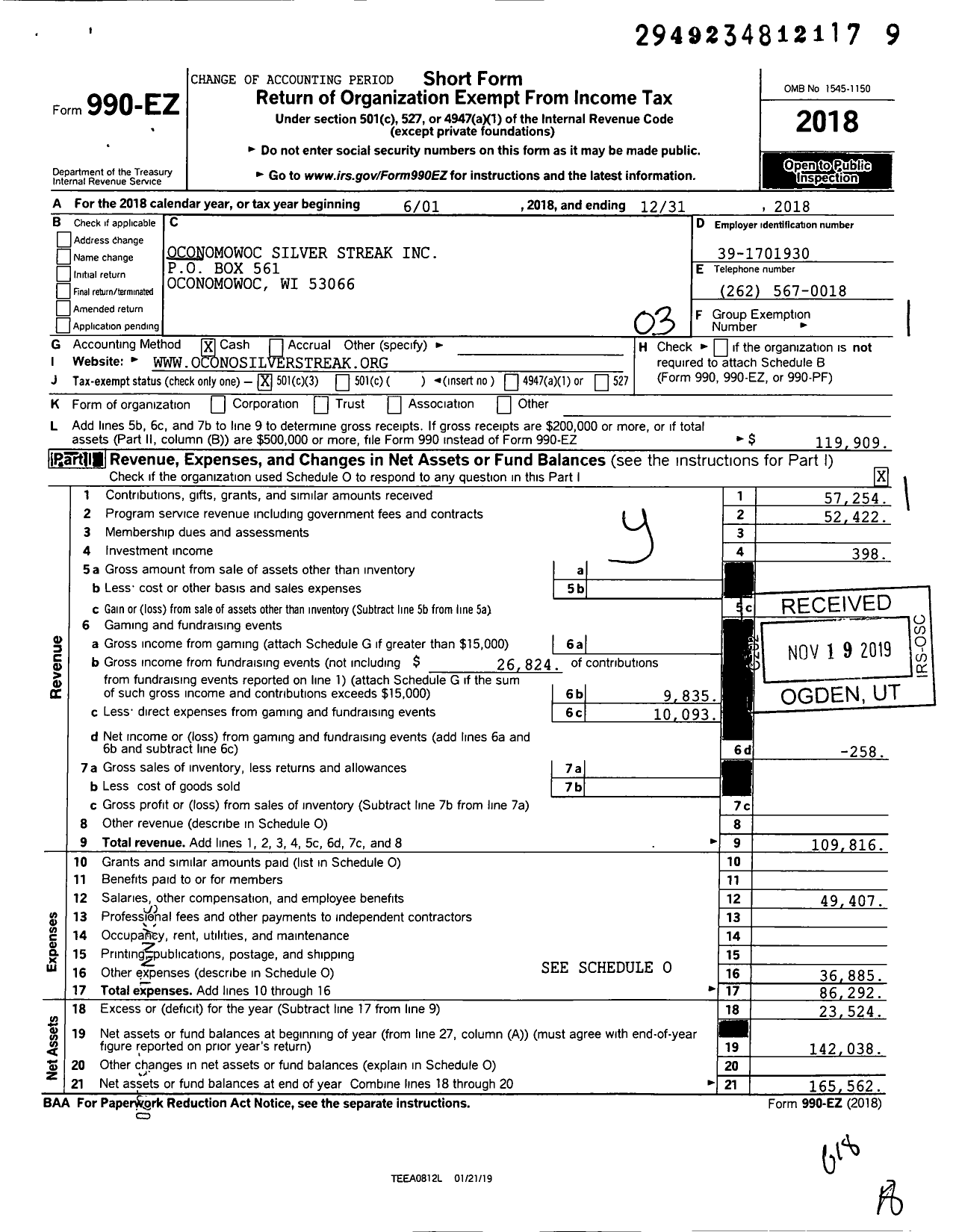 Image of first page of 2018 Form 990EZ for Oconomowoc Silver Streak