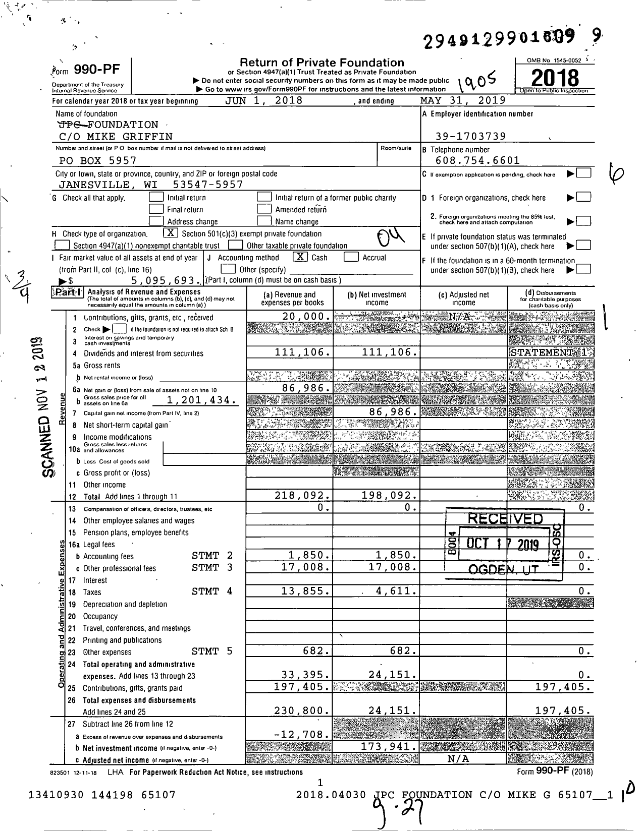 Image of first page of 2018 Form 990PF for JPC Foundation / C-O William B Vogt