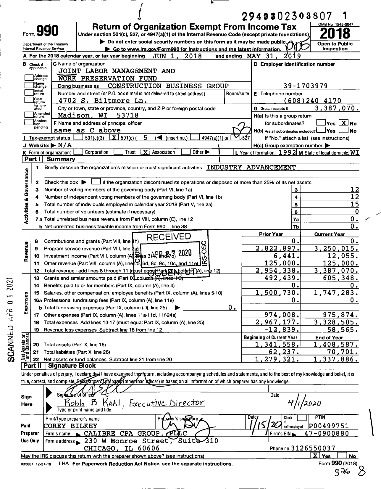 Image of first page of 2018 Form 990 for Construction Business Group