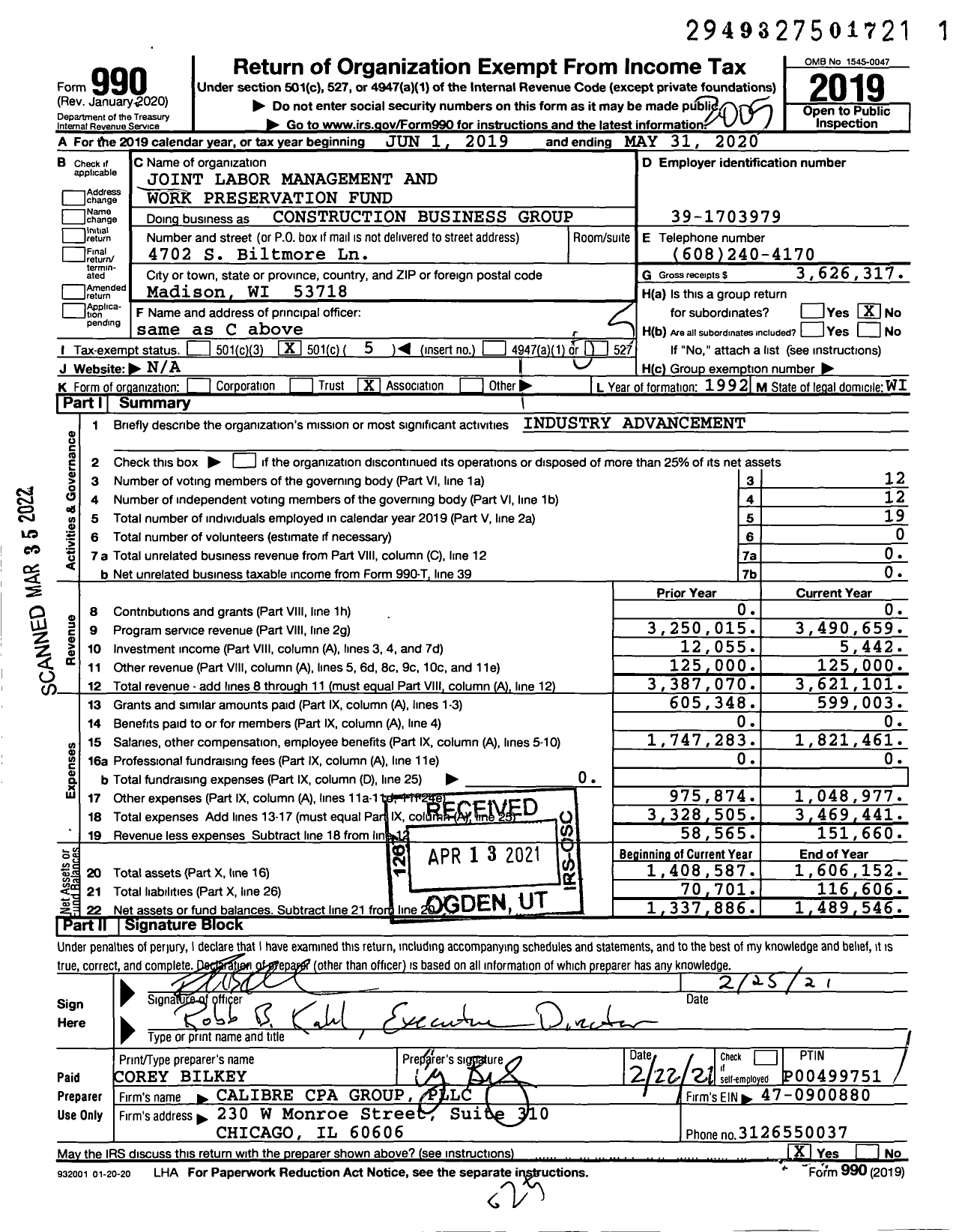 Image of first page of 2019 Form 990O for Construction Business Group