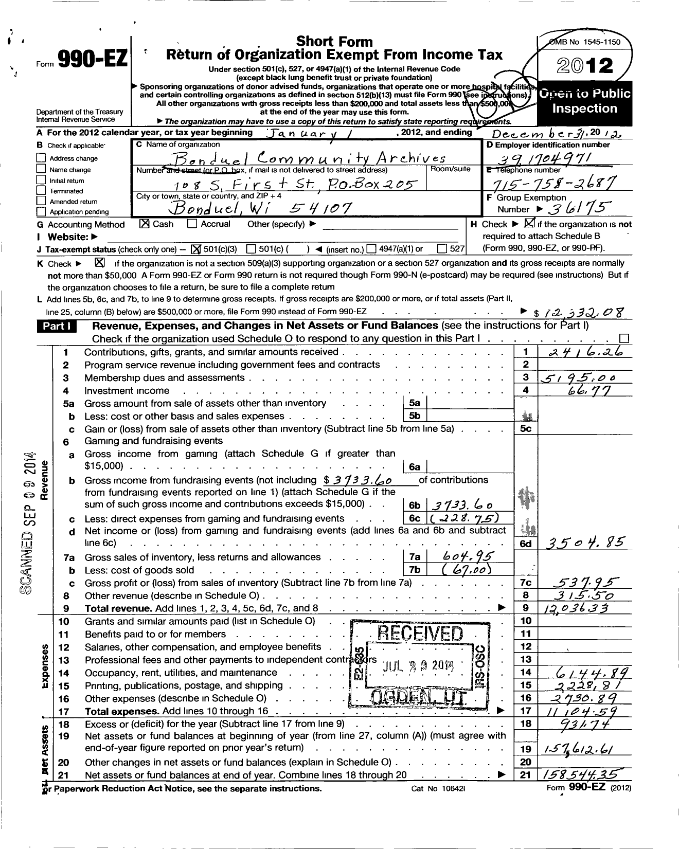 Image of first page of 2012 Form 990EZ for Bonduel Community Archives