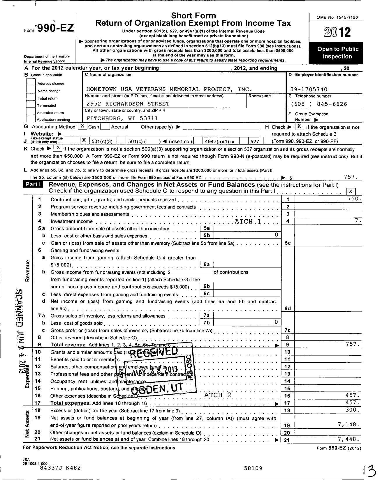 Image of first page of 2012 Form 990EZ for Hometown U S A Veterans Memorial Project