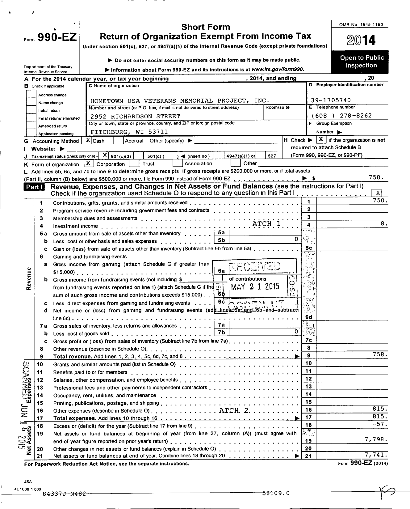 Image of first page of 2014 Form 990EZ for Hometown U S A Veterans Memorial Project