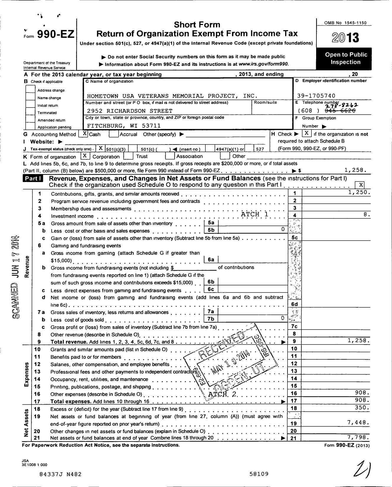 Image of first page of 2013 Form 990EZ for Hometown U S A Veterans Memorial Project