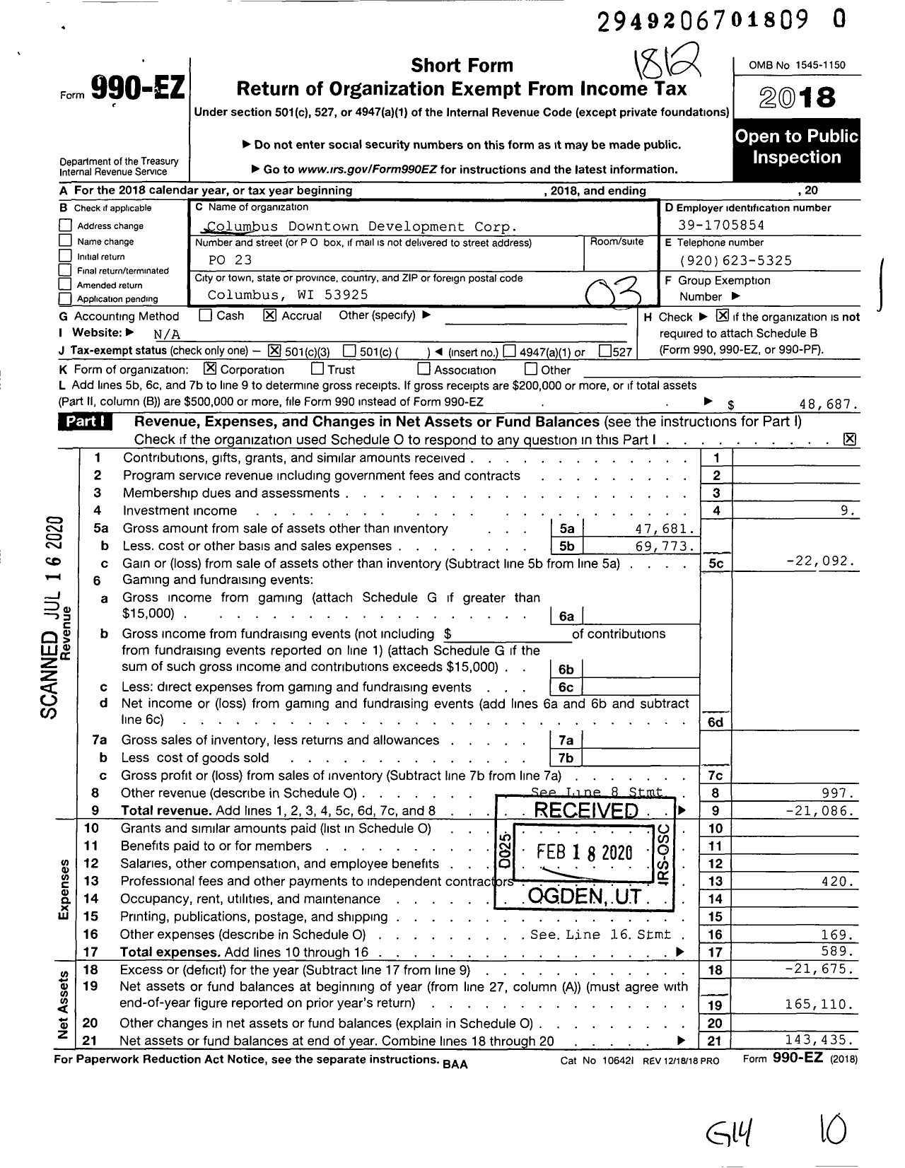 Image of first page of 2018 Form 990EZ for Columbus Downtown Development Corp