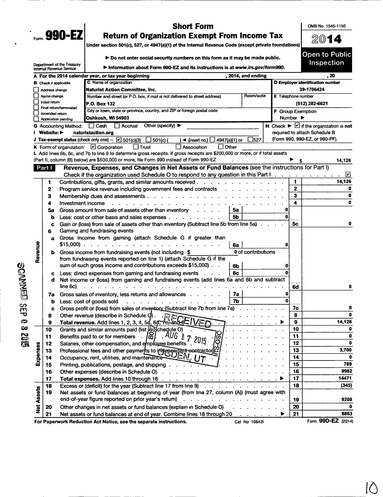 Image of first page of 2014 Form 990EZ for Naturist Action Committee