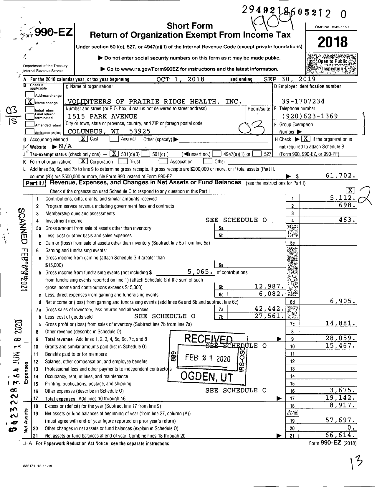 Image of first page of 2018 Form 990EZ for Volunteers of Prairie Ridge Health