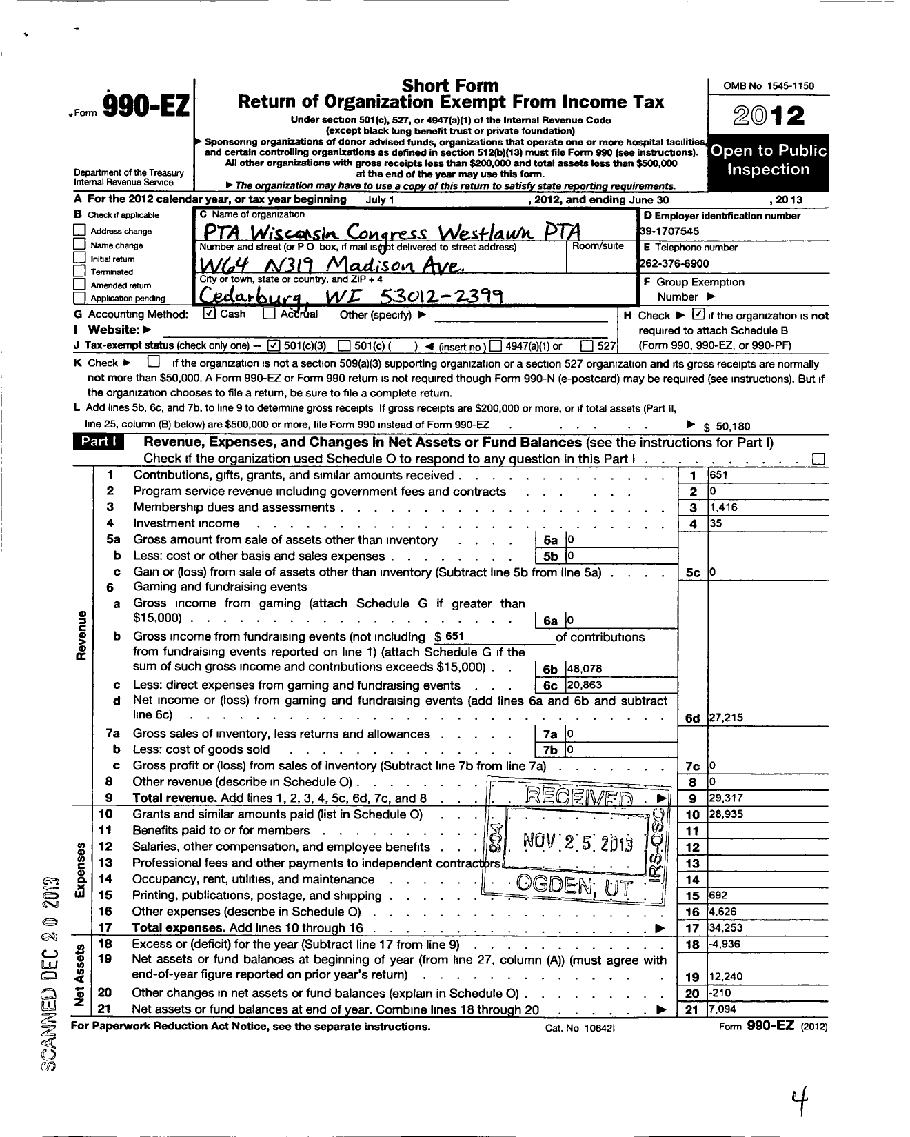 Image of first page of 2012 Form 990EZ for PTA Wisconsin Congress / Westlawn PTA