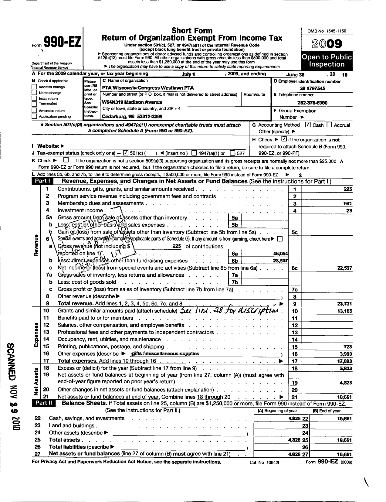 Image of first page of 2009 Form 990EO for PTA Wisconsin Congress / Westlawn PTA