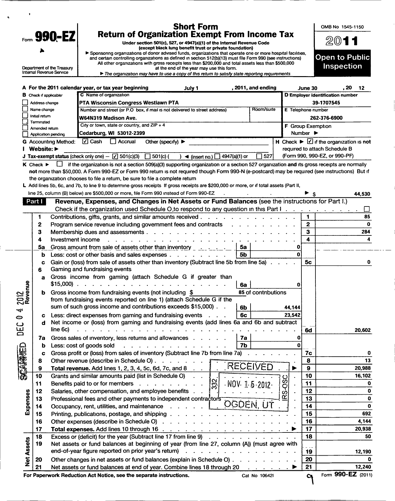 Image of first page of 2011 Form 990EZ for PTA Wisconsin Congress / Westlawn PTA