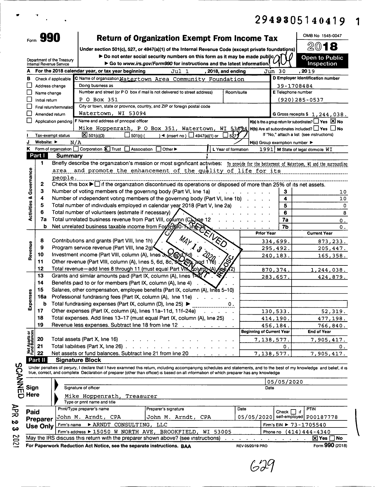 Image of first page of 2018 Form 990 for Watertown Area Community Foundation