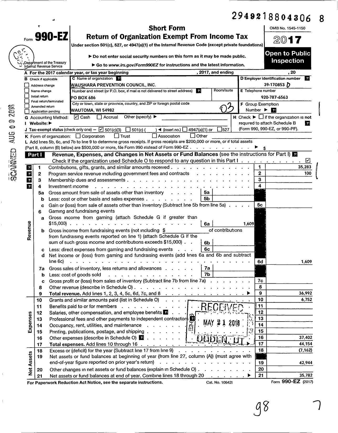 Image of first page of 2017 Form 990EZ for Waushara Prevention Council