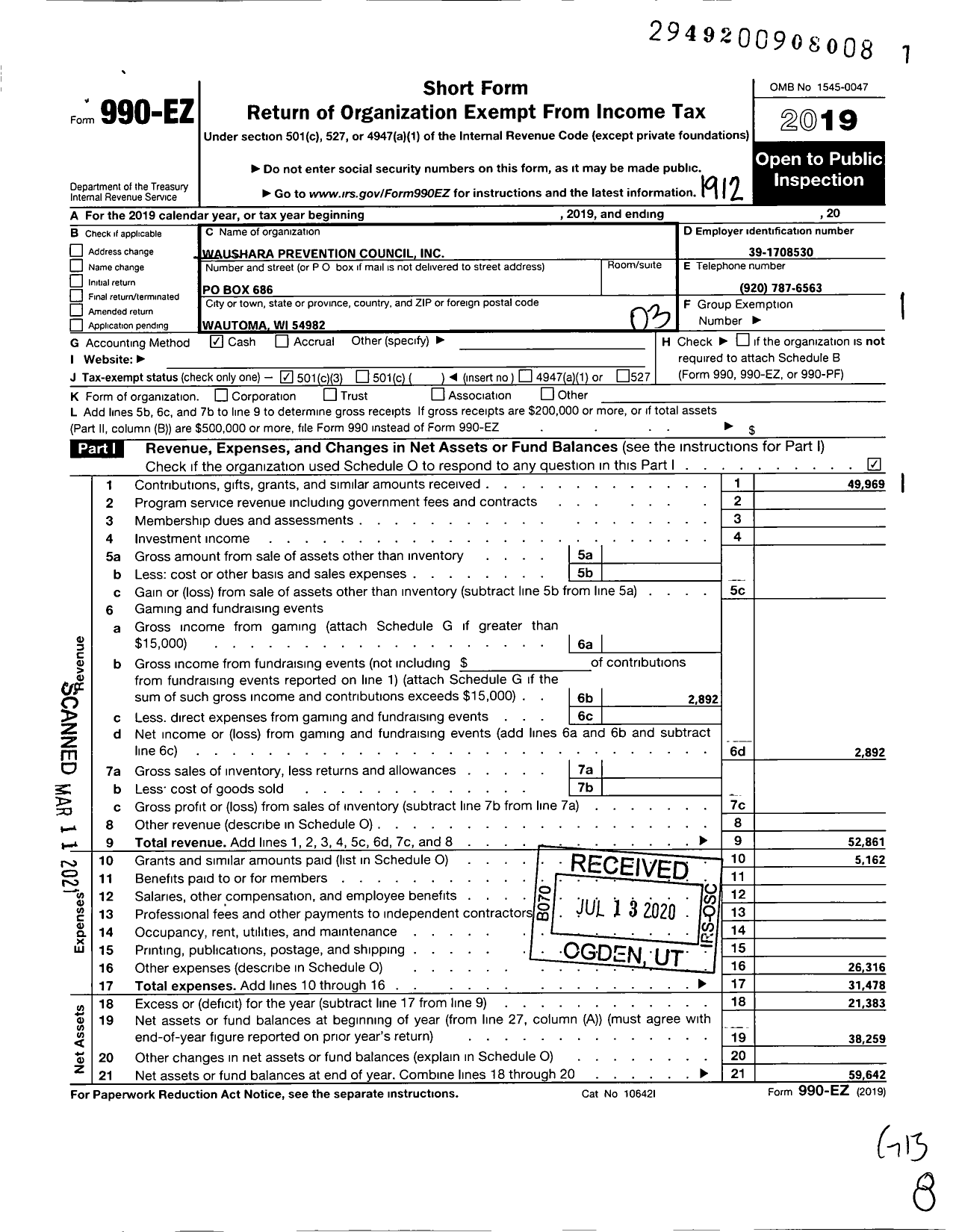 Image of first page of 2019 Form 990EZ for Waushara Prevention Council