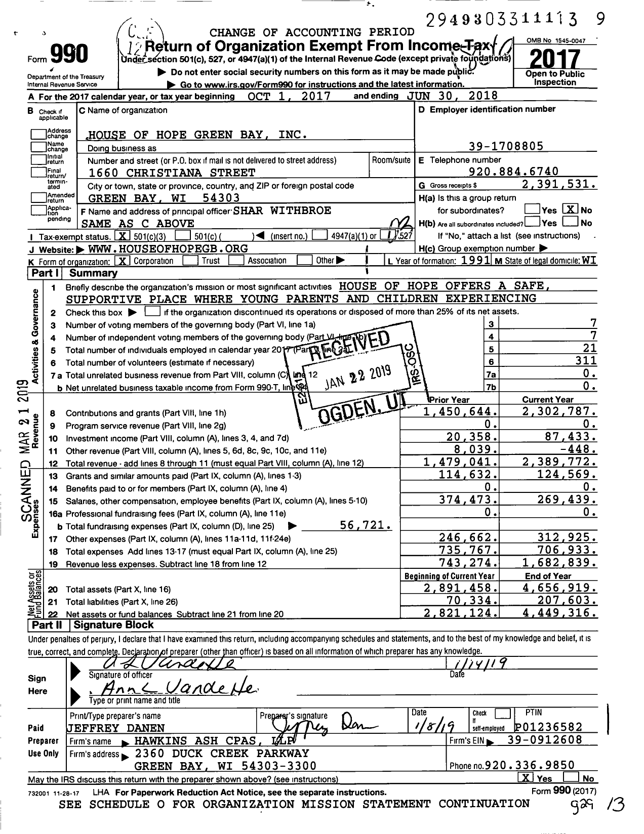 Image of first page of 2017 Form 990 for House of Hope Green Bay