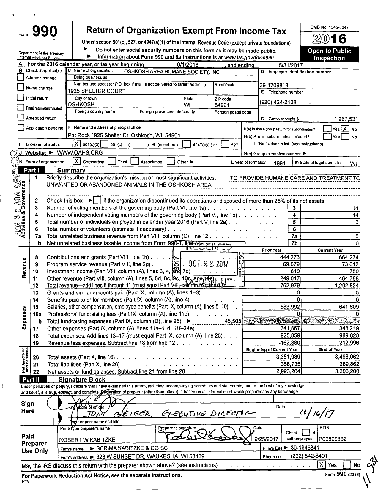 Image of first page of 2016 Form 990 for Oshkosh Area Humane Society (OAHS)