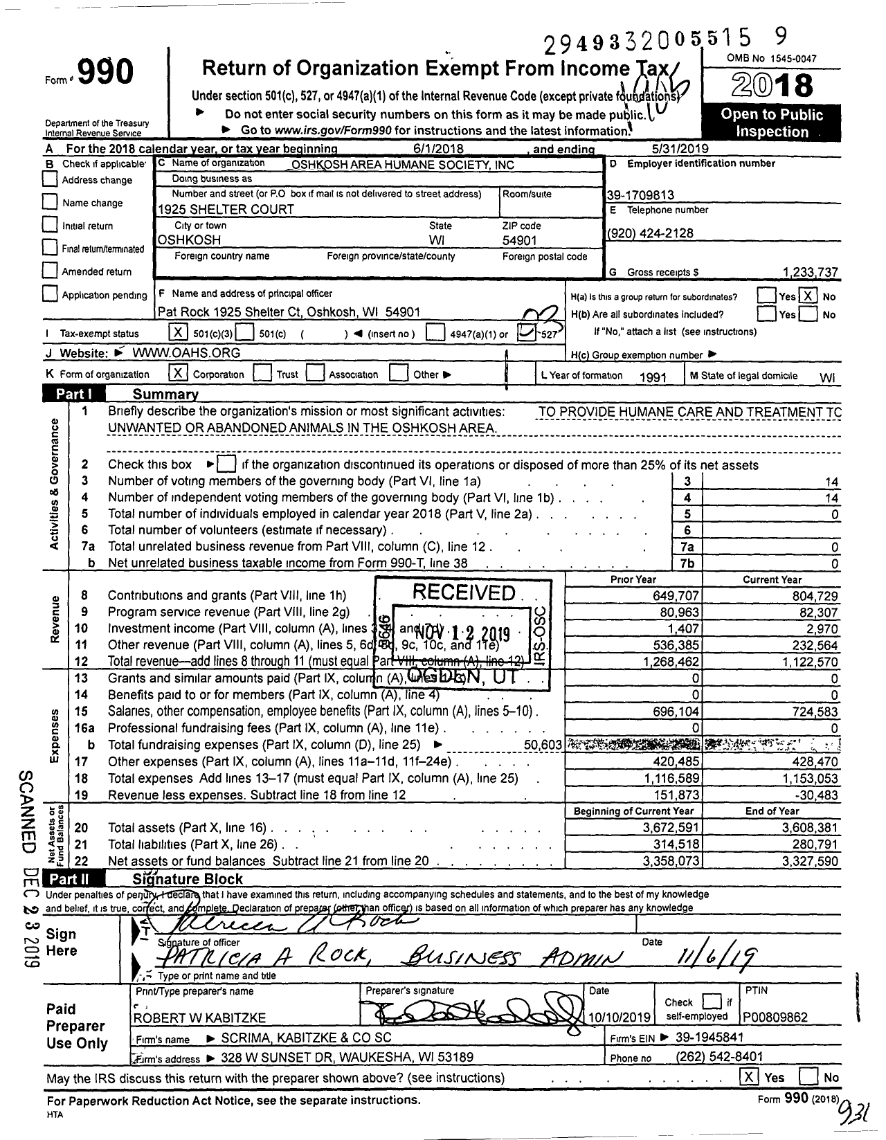 Image of first page of 2018 Form 990 for Oshkosh Area Humane Society (OAHS)