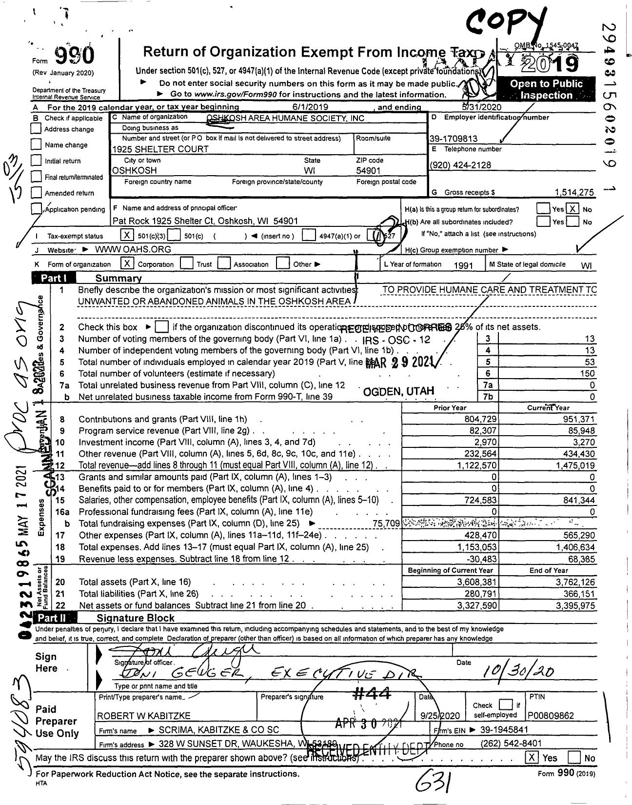 Image of first page of 2019 Form 990 for Oshkosh Area Humane Society (OAHS)