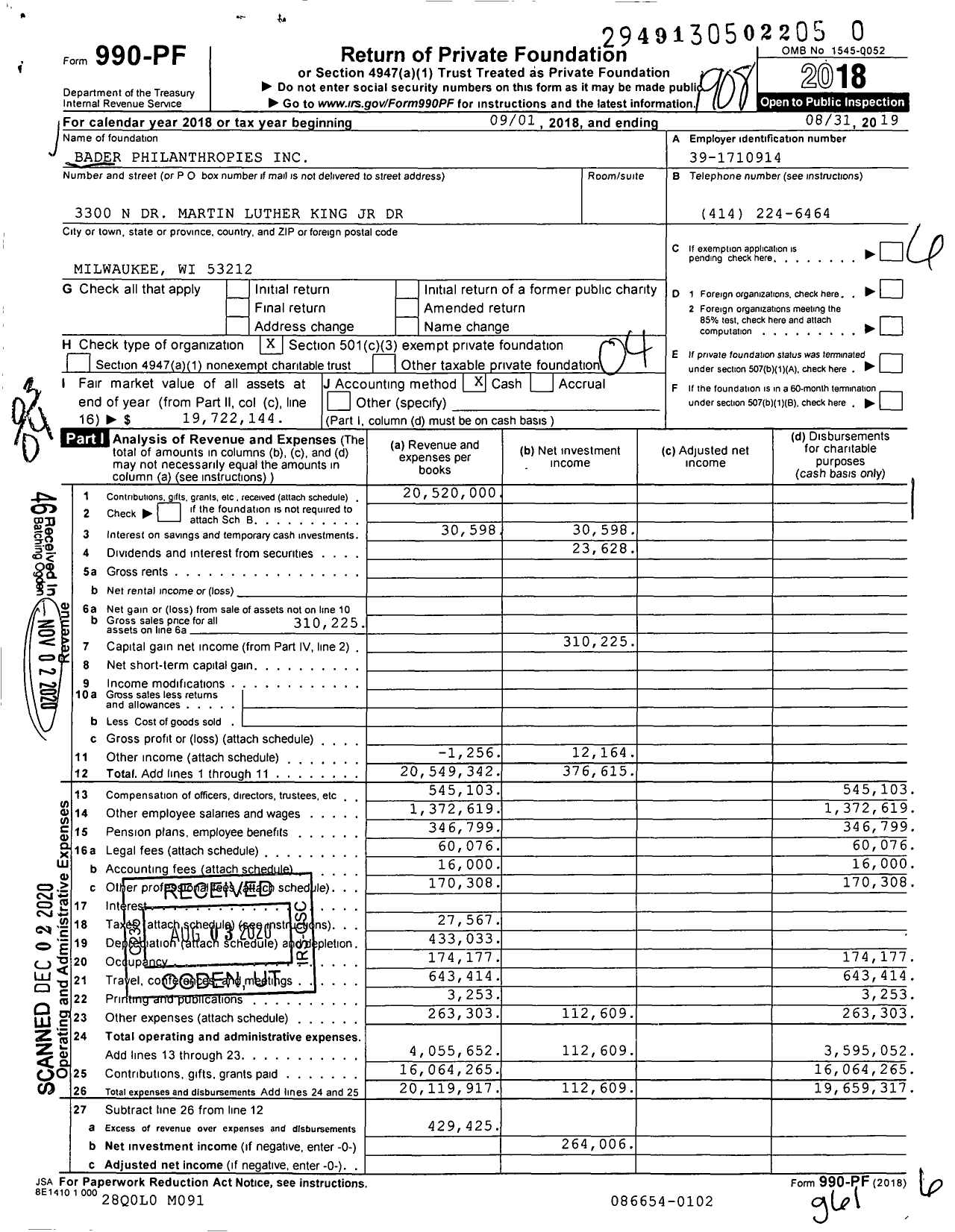 Image of first page of 2018 Form 990PF for Bader Philanthropies