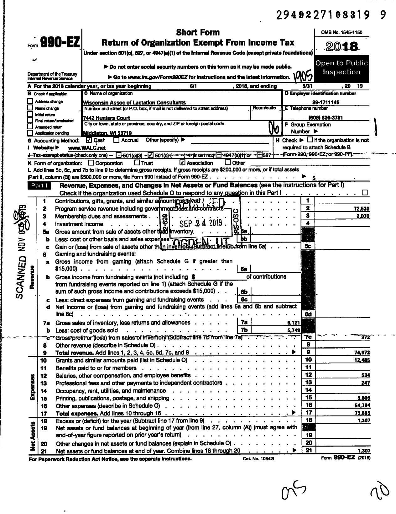 Image of first page of 2018 Form 990EO for WISCONSIN Association OF LACTATION Consultants