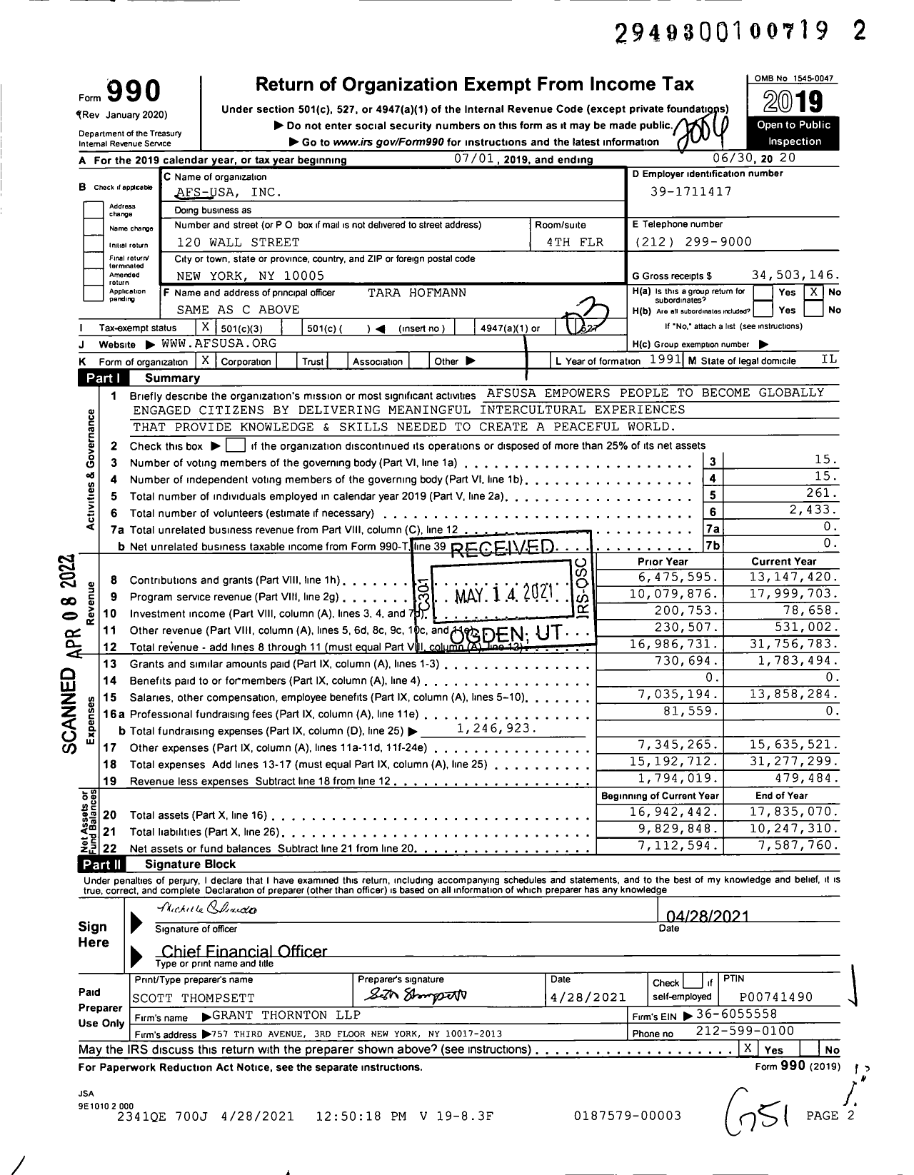 Image of first page of 2019 Form 990 for Afs-Usa