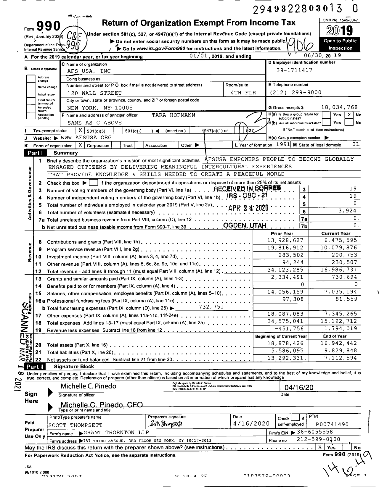 Image of first page of 2018 Form 990 for Afs-Usa