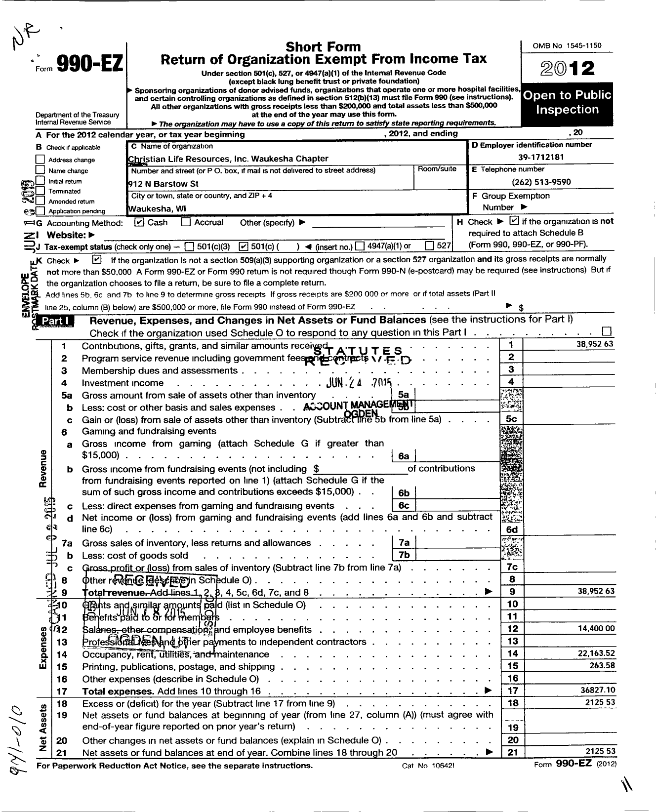 Image of first page of 2012 Form 990EO for Christian Life Resources / Waukesha Chapter