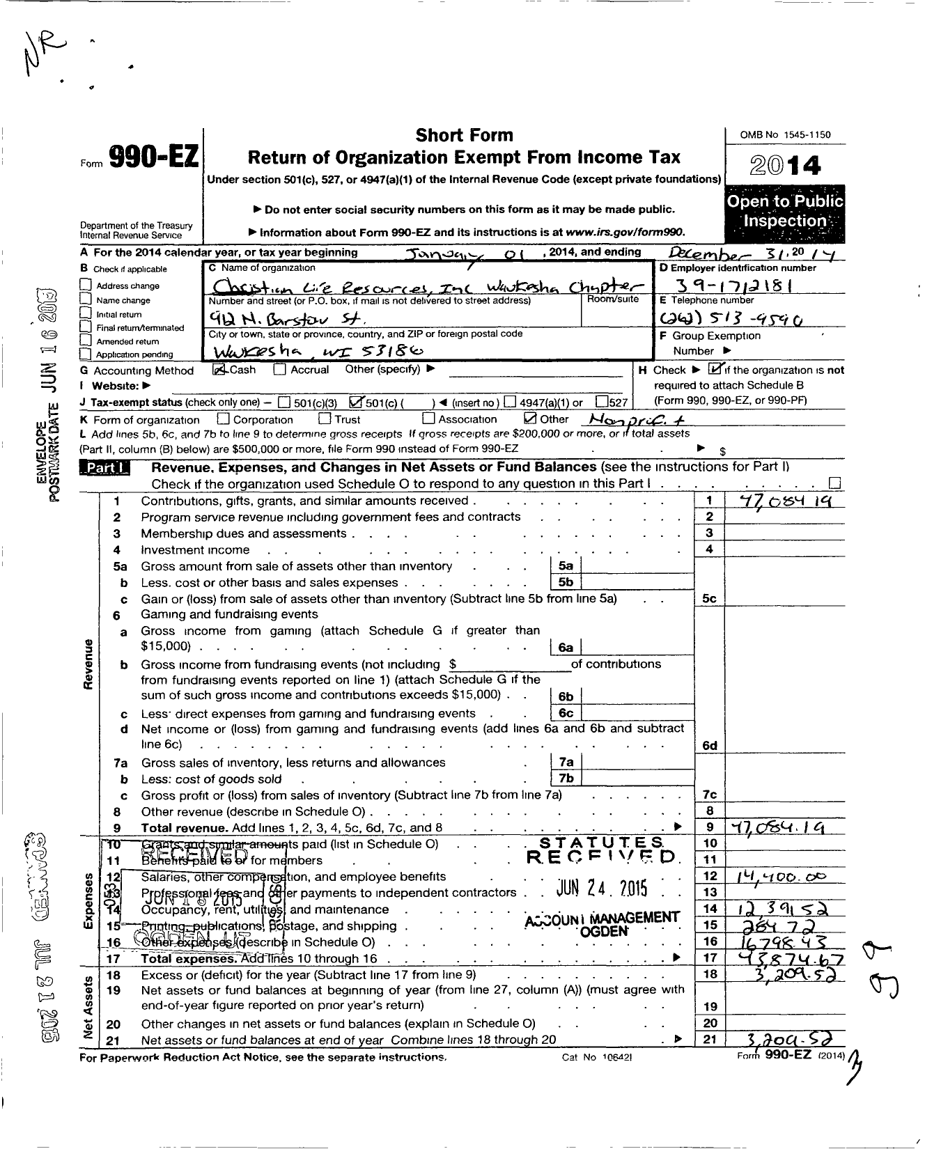 Image of first page of 2014 Form 990EO for Christian Life Resources / Waukesha Chapter