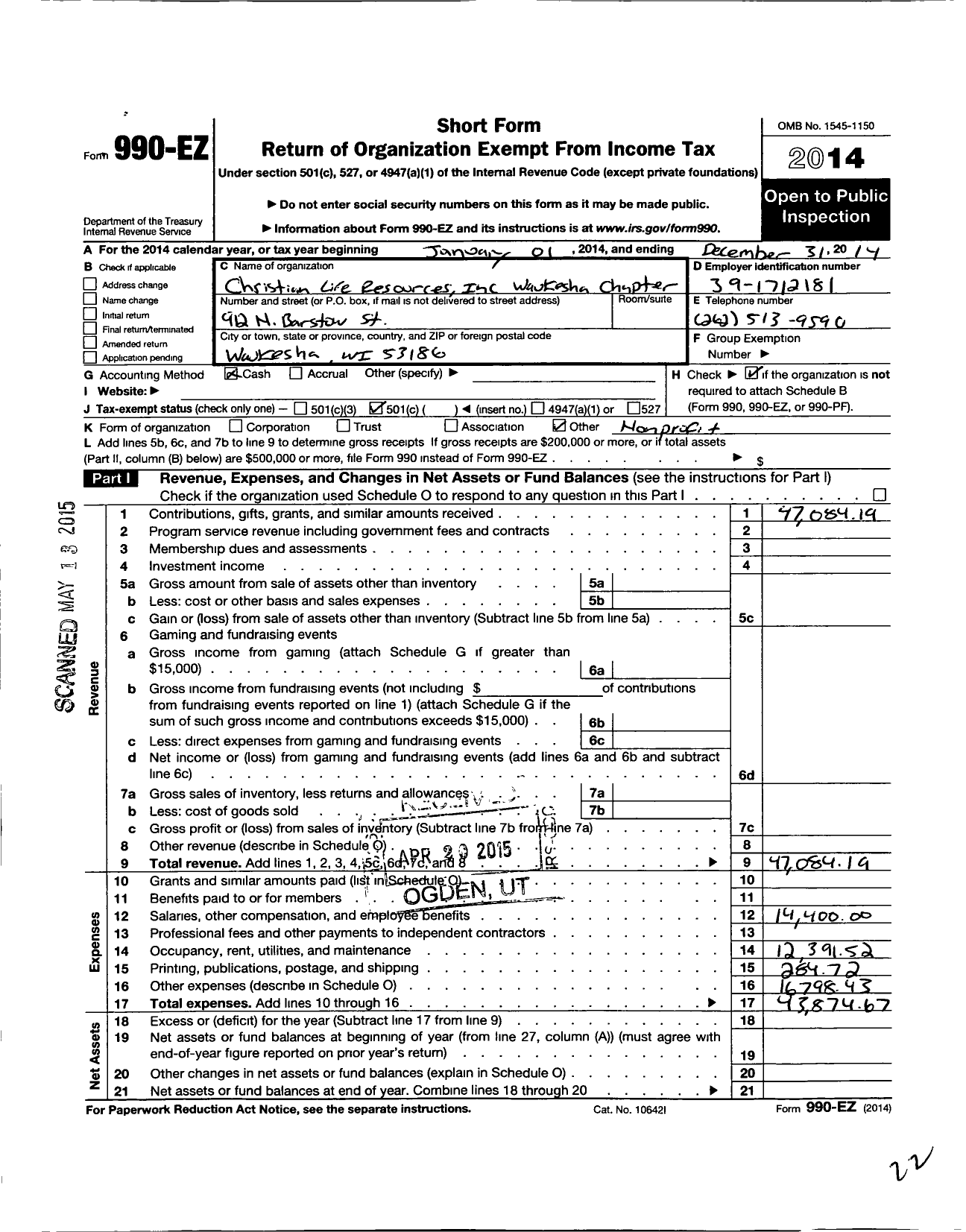 Image of first page of 2014 Form 990EO for Christian Life Resources / Waukesha Chapter