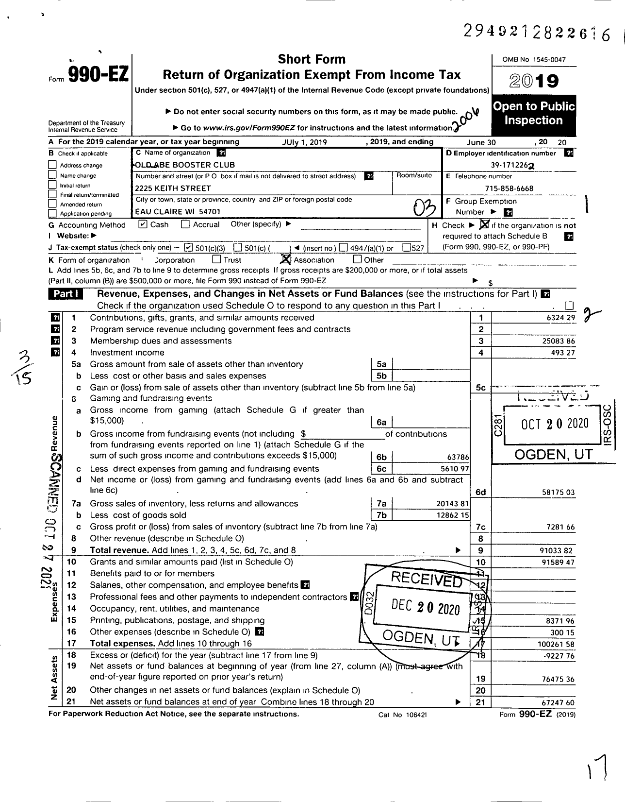 Image of first page of 2019 Form 990EZ for Old Abe Booster Club