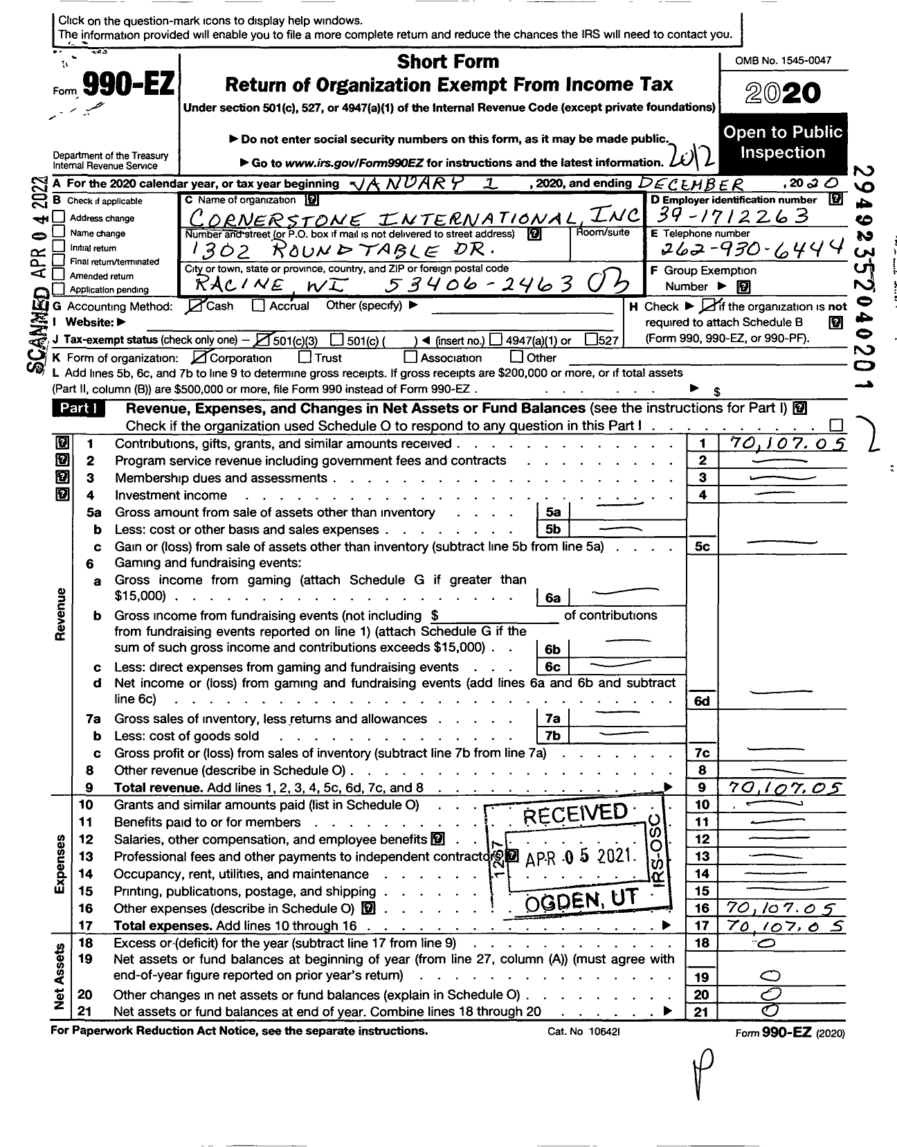 Image of first page of 2020 Form 990EZ for Cornerstone International