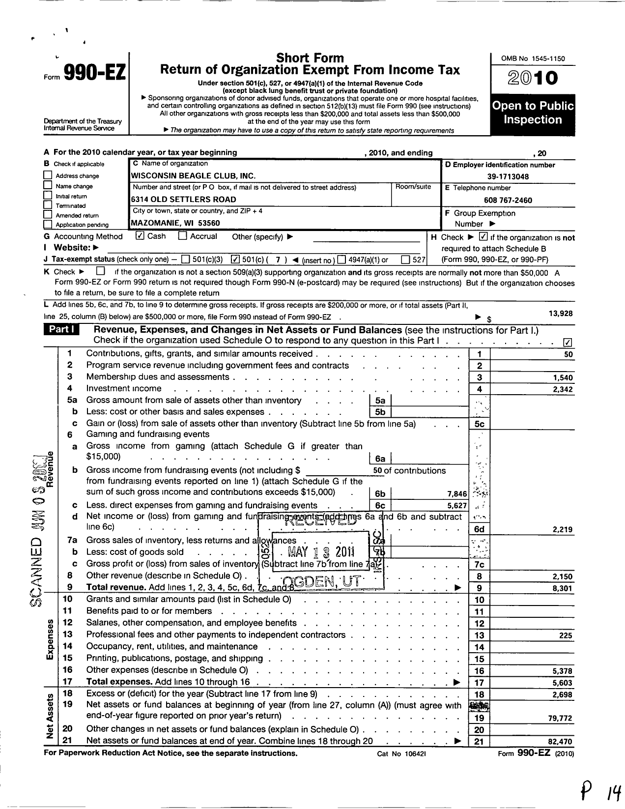 Image of first page of 2010 Form 990EO for Wisconsin Beagle Club