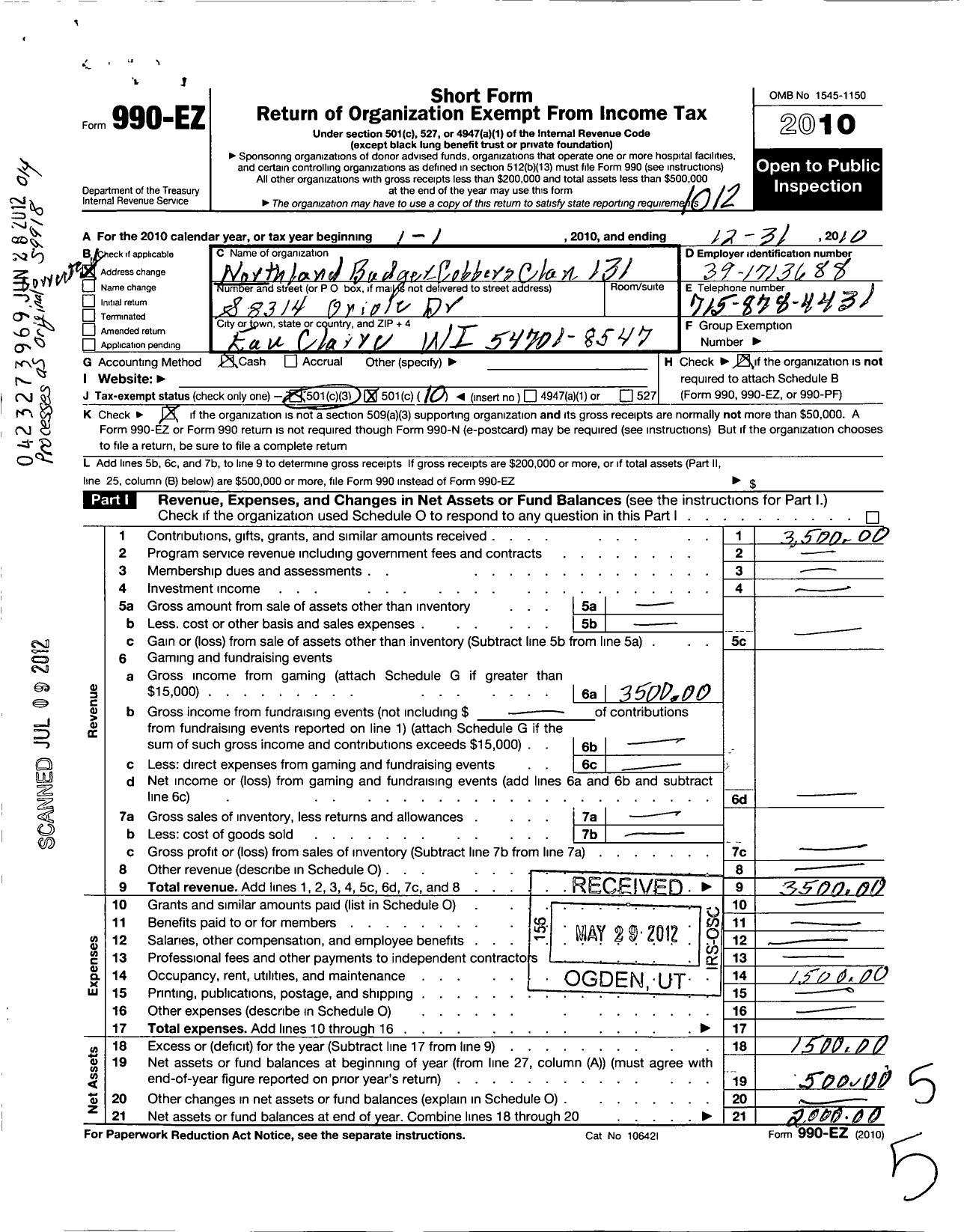 Image of first page of 2010 Form 990EO for Northland Badger Cobbers Clan 131
