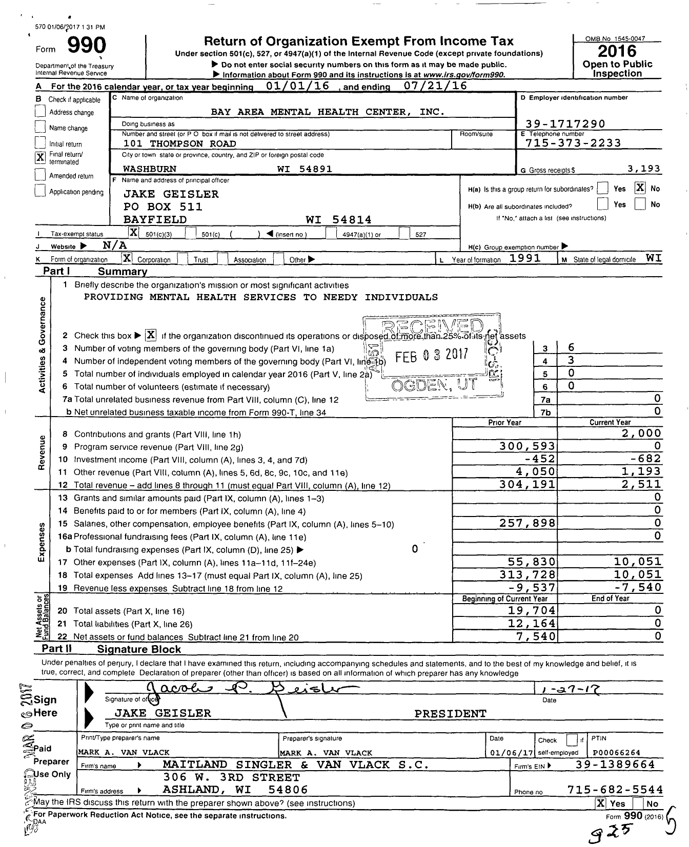 Image of first page of 2015 Form 990 for Bay Area Mental Health Center