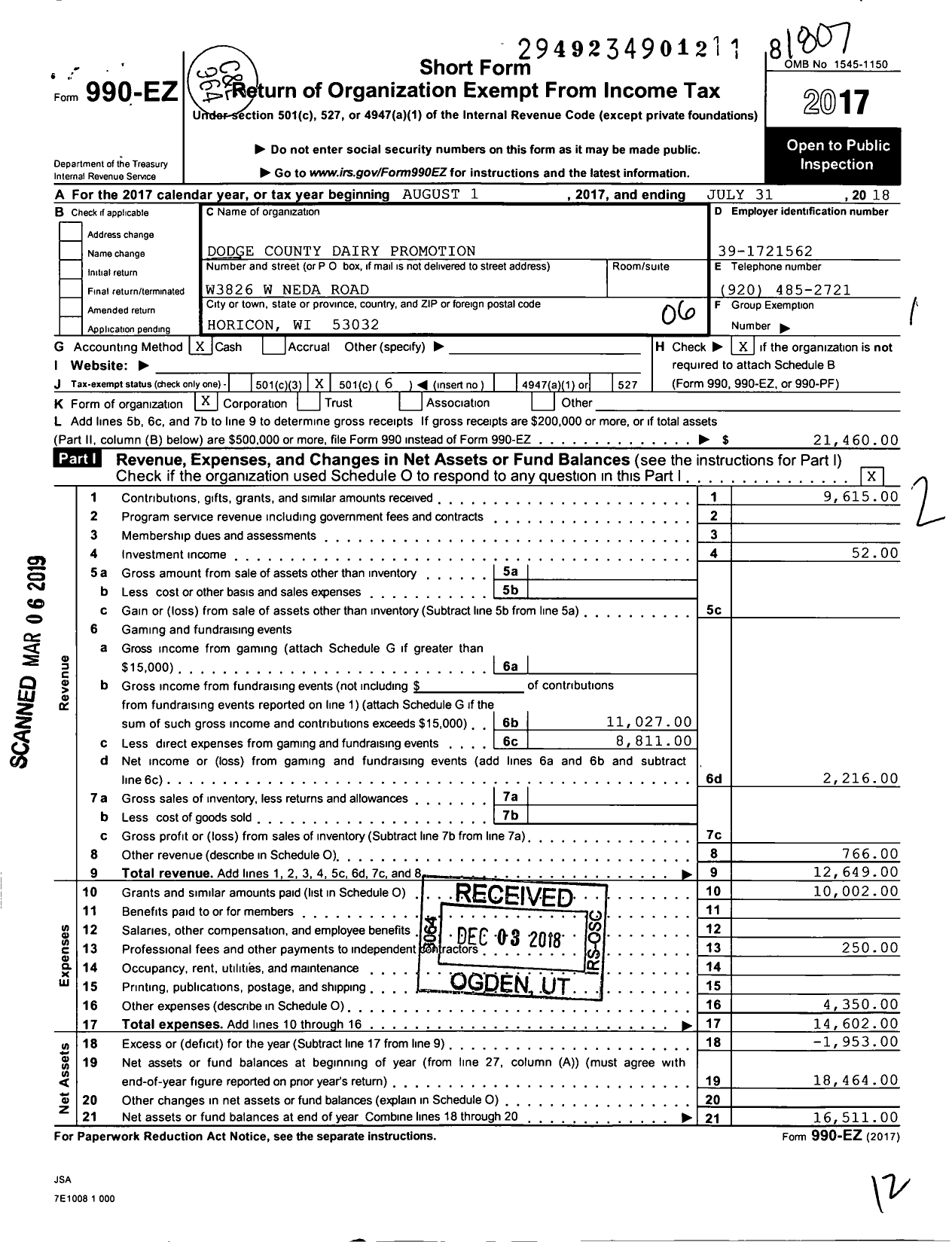 Image of first page of 2017 Form 990EO for Dodge County Dairy Promotion