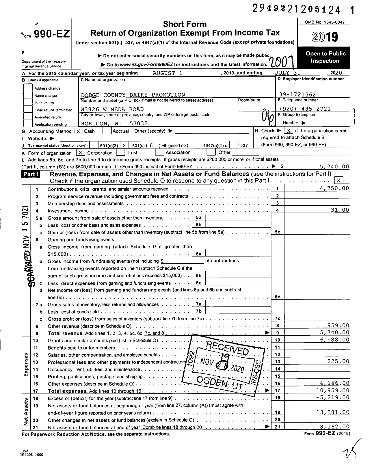 Image of first page of 2019 Form 990EO for Dodge County Dairy Promotion