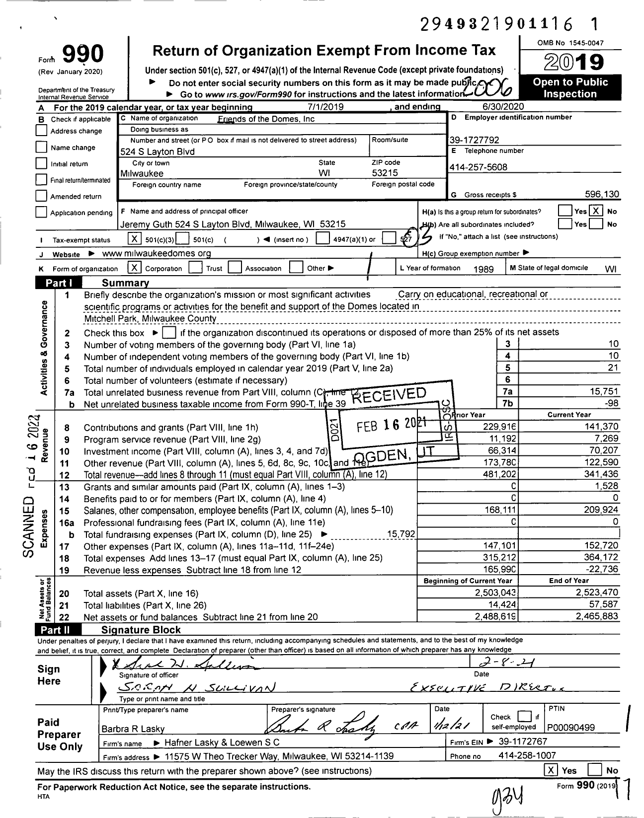 Image of first page of 2019 Form 990 for Friends of the Domes