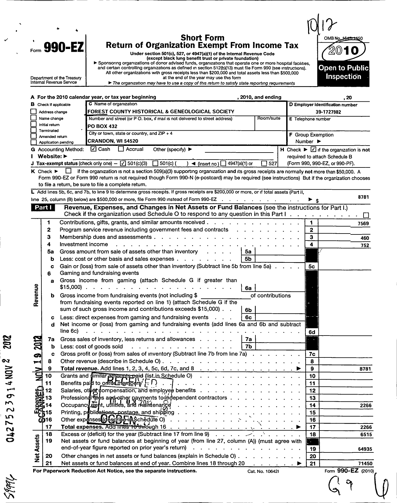 Image of first page of 2010 Form 990EZ for Forest County Historical and Geneological Society