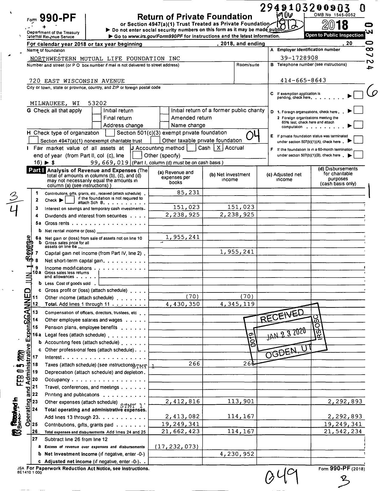 Image of first page of 2018 Form 990PR for Northwestern Mutual Life Foundation