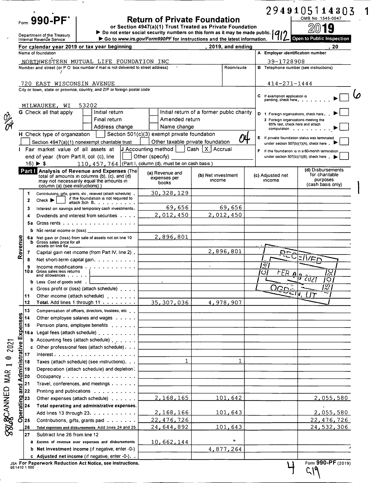 Image of first page of 2019 Form 990PF for Northwestern Mutual Life Foundation