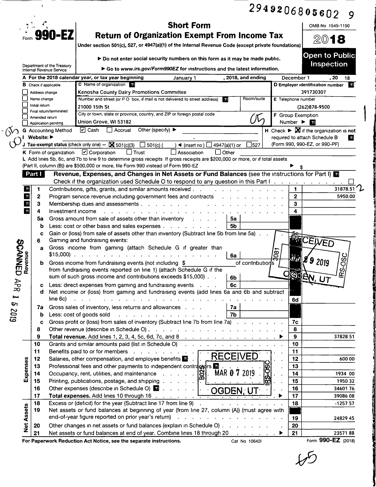 Image of first page of 2018 Form 990EO for Kenosha County Dairy Promotions Committee