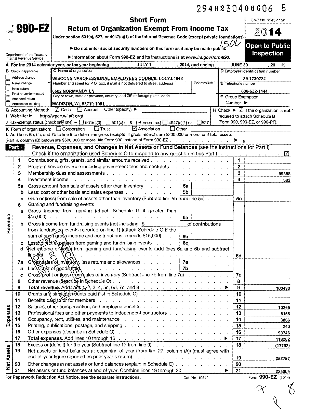 Image of first page of 2014 Form 990EO for American Federation of Teachers - 4848 Wisconsin Professional Employ