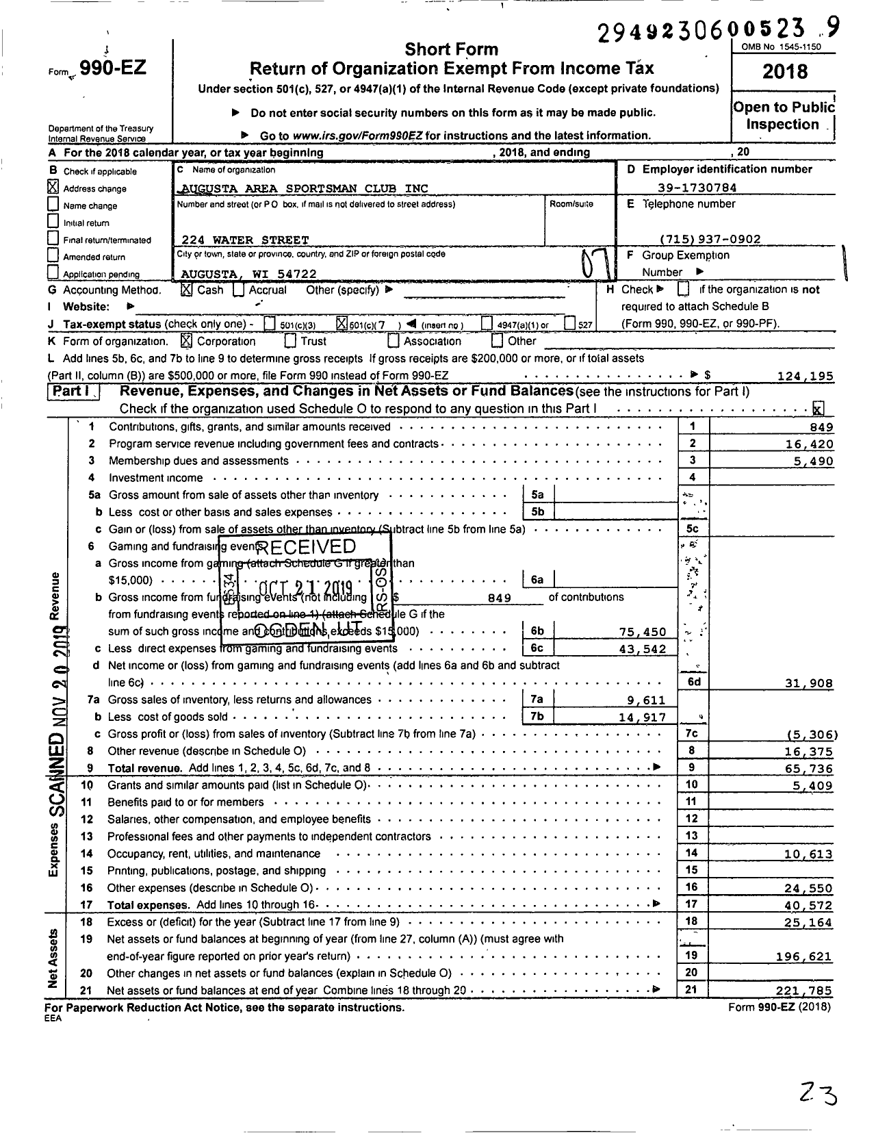 Image of first page of 2018 Form 990EO for Augusta Area Sportsmans Club