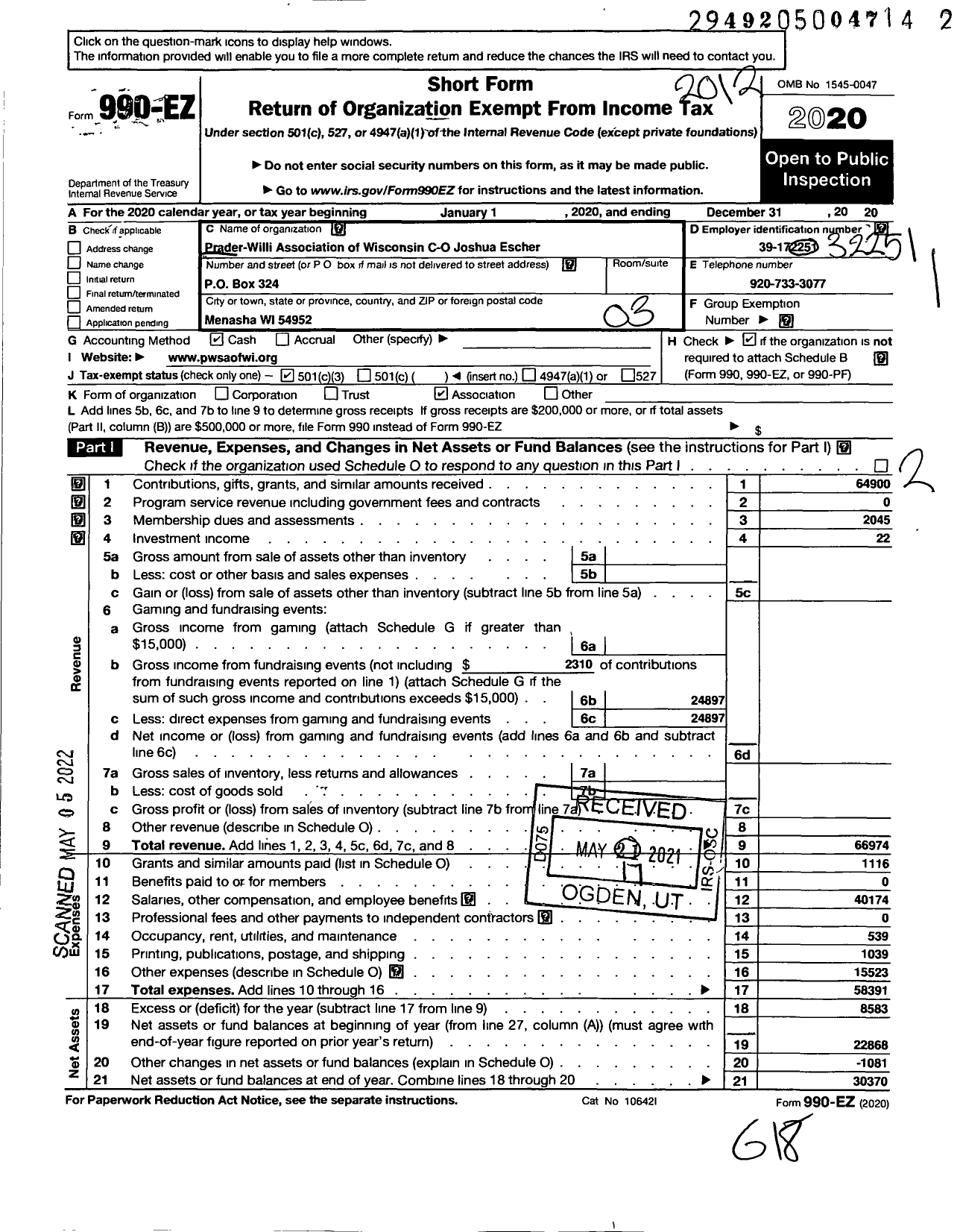 Image of first page of 2020 Form 990EZ for Prader Willi Association of Wisconsin