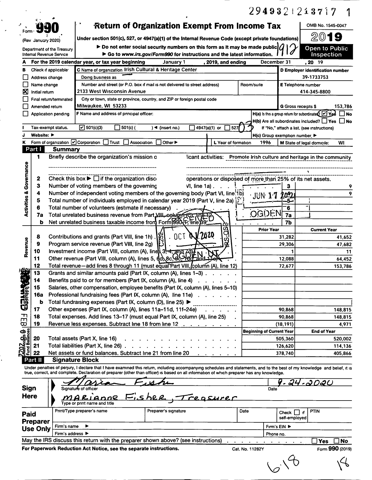 Image of first page of 2019 Form 990 for Irish Cultural and Heritage Center of Wisconsin